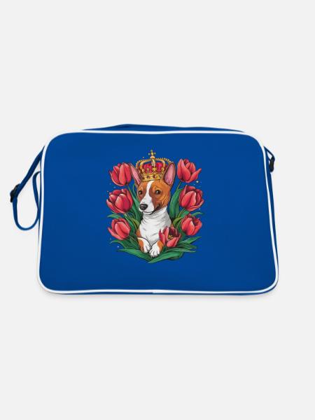 Cartoon Basenji Dog with Crown and Tulips - Retro Bag - blue/white - Back