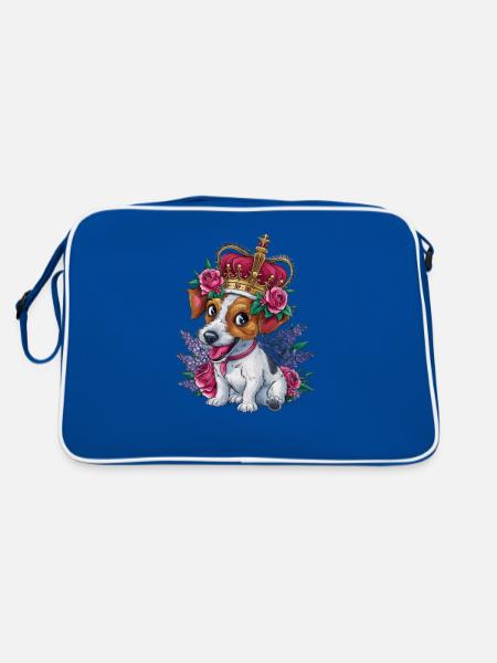Jack Russel Terrier mit Krone und prächtigen Rosen - Retro Tasche - Blau/Weiß - Hinten
