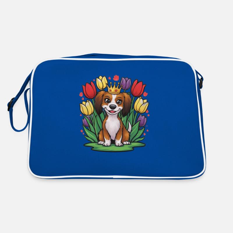 Süßer Nederlandse Kooikerhondje mit Krone, Tulpen Retro Tasche