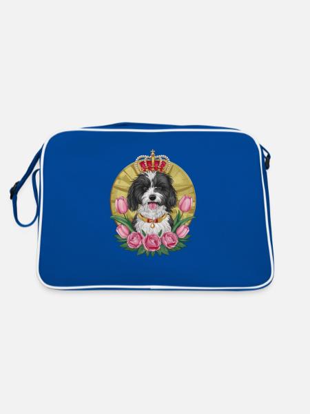 Süßer Löwchen Hund mit Blumen und Krone - Retro Tasche - Blau/Weiß - Hinten