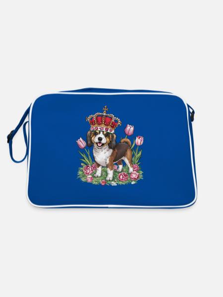 Süßer Löwchen Hund mit Blumen und Krone - Retro Tasche - Blau/Weiß - Hinten