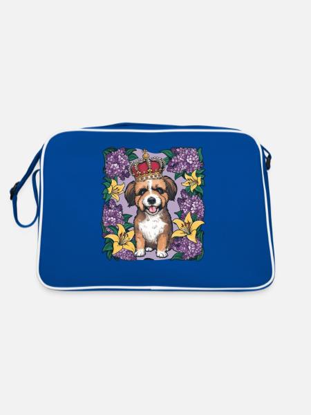 Süßer Löwchen Hund mit Blumen und Krone - Retro Tasche - Blau/Weiß - Hinten