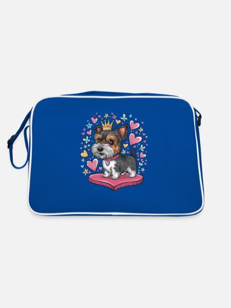 Norfolk Terrier mit Herzen, Krone, Schmetterlingen - Retro Tasche - Blau/Weiß - Hinten