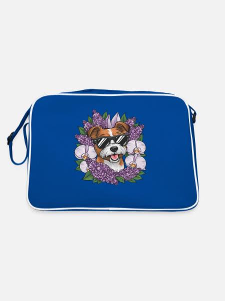 Norfolk Terrier mit Sonnenbrille und Orchideen - Retro Tasche - Blau/Weiß - Hinten