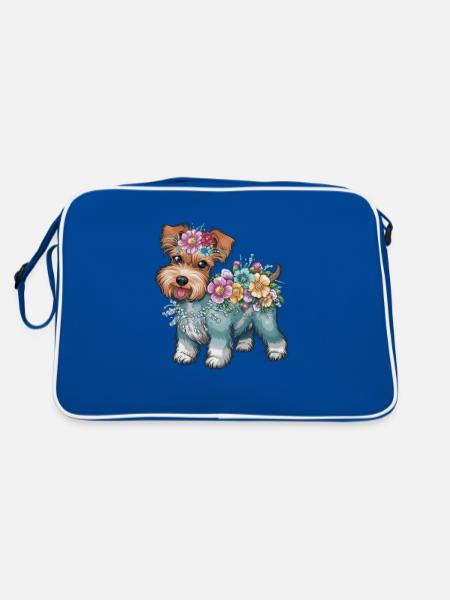 Süßer Cartoon Terrier mit farbenfrohen Blumen - Retro Tasche - Blau/Weiß - Hinten