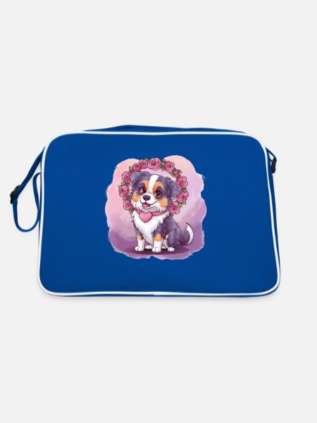 Cartoon Australian Shepherd Dog with Roses - Retro Bag - blue/white - Back