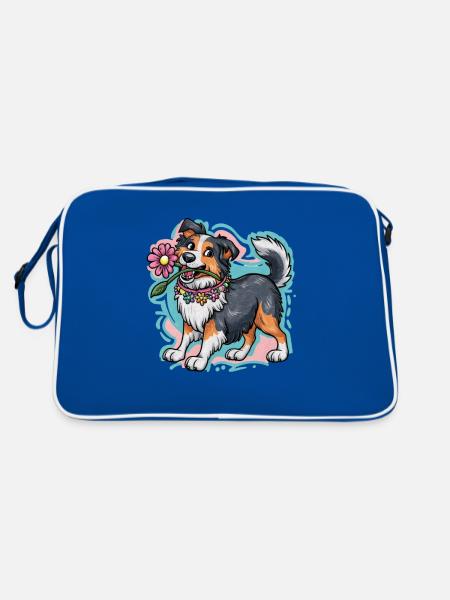 Cute Australian Shepherd Dog with Flowers - Retro Bag - blue/white - Back