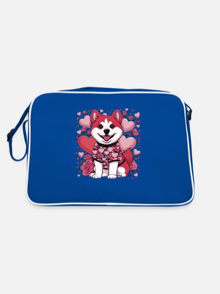 Australischer Schäferhund mit Rosen und Herzen - Retro Tasche - Blau/Weiß - Hinten