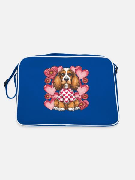 Cute Cocker Spaniel, Hearts and Flowers - Retro Bag - blue/white - Back