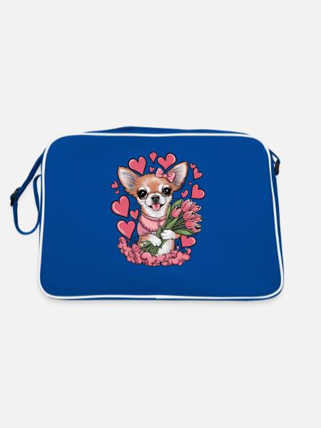 Motif animalier mignon avec chihuahua, tulipes et cœurs - Sac Retro - bleu/blanc - Dos