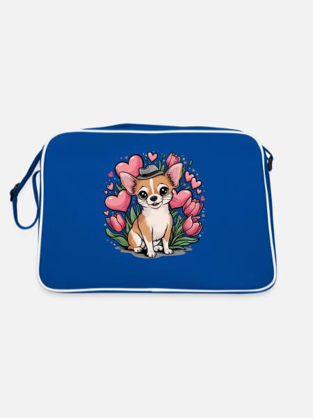 Motif animalier mignon avec chihuahua, tulipes et cœurs - Sac Retro - bleu/blanc - Dos