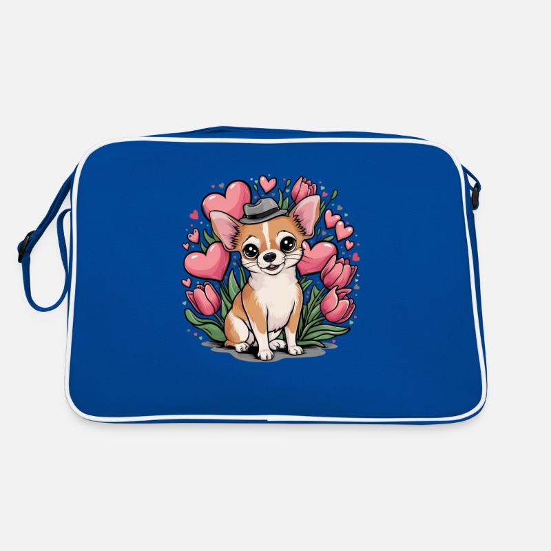 Süßes Tiermotiv mit Chihuahua, Tulpen und Herzen Retro Tasche