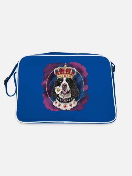 Cocker Spaniel mit Blumen und Krone - Retro Tasche - Blau/Weiß - Hinten