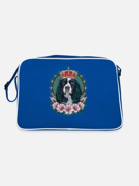 Cocker Spaniel mit Blumen und Krone - Retro Tasche - Blau/Weiß - Hinten