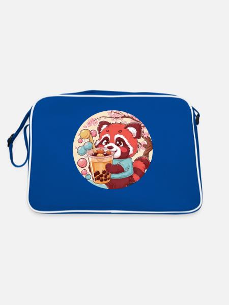 Roter Kawaii Panda mit Bubble Tea - Retro Tasche - Blau/Weiß - Hinten