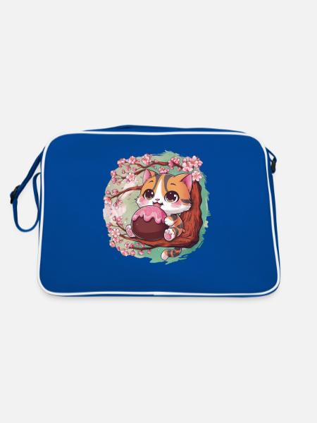 Cute Kawaii Cat with Hanami Dango + Cherry Blossoms - Retro Bag - blue/white - Back