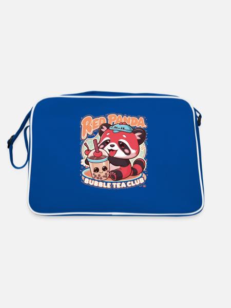 Roter Kawaii Panda mit Bubble Tea - Retro Tasche - Blau/Weiß - Hinten