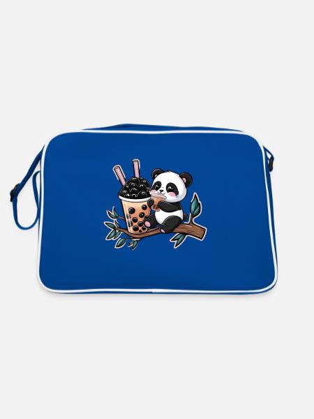 Kawaii Panda mit Bubble Tea - Retro Tasche - Blau/Weiß - Hinten