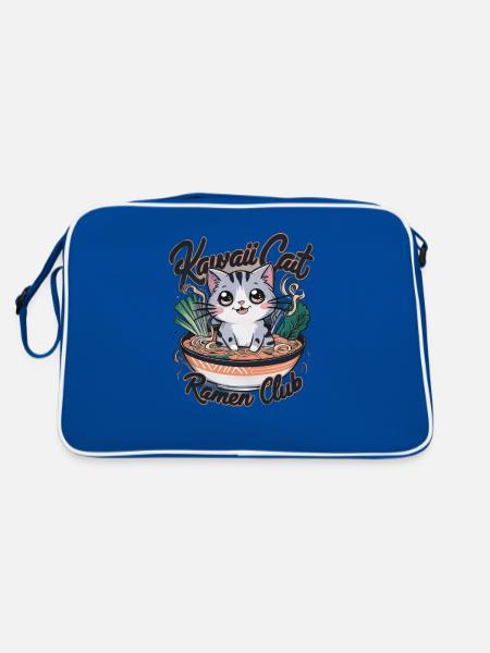 Kawaii Katze mit Ramen Schüssel - Retro Tasche - Blau/Weiß - Hinten