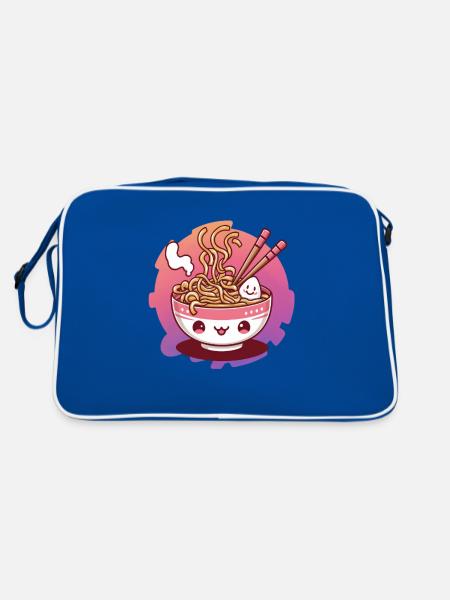 Kawaii Katze mit Ramen Schüssel - Retro Tasche - Blau/Weiß - Hinten