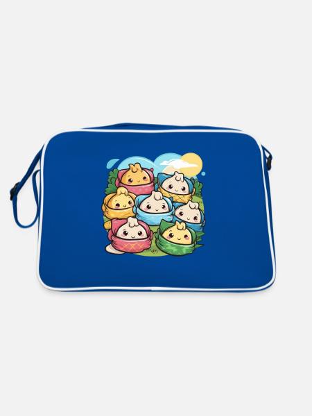 Kawaii Familie mit gefüllten Teigtaschen - Retro Tasche - Blau/Weiß - Hinten