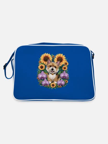Cairn Terrier with Sun Flowers and Orchids - Retro Bag - blue/white - Back