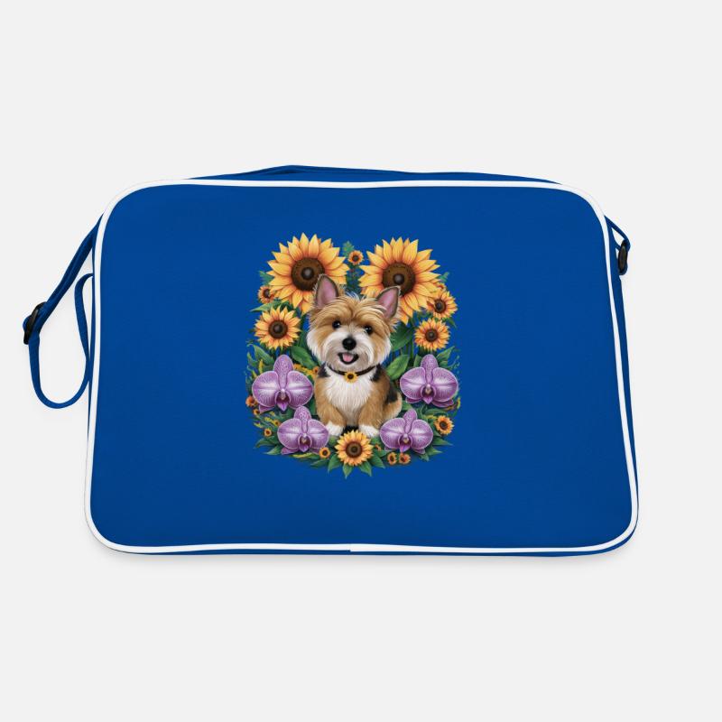 Cairn Terrier mit Sonennblumen und Orchideen Retro Tasche