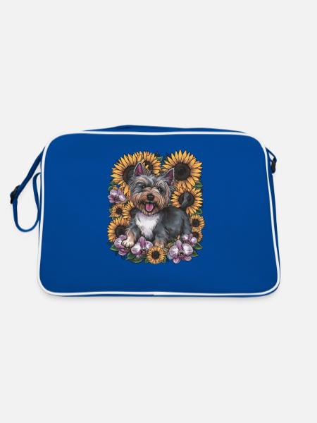 Cairn Terrier with Sun Flowers and Orchids - Retro Bag - blue/white - Back