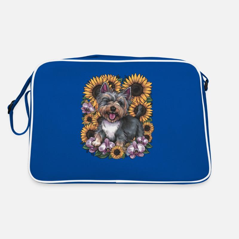 Cairn Terrier mit Sonennblumen und Orchideen Retro Tasche