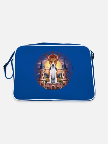 Cartoon Basenji dog with crown and lock - Retro Bag - blue/white - Back