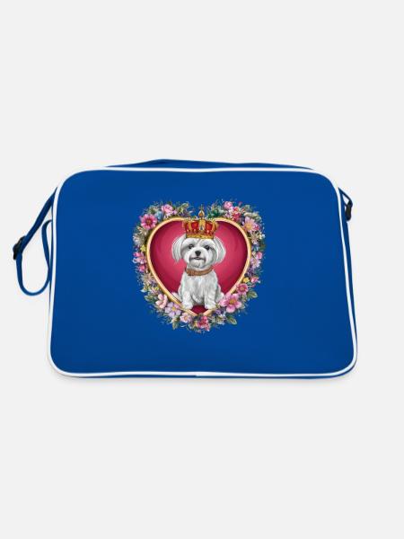 Süßer Maltese Hund mit Blumen und Krone - Retro Tasche - Blau/Weiß - Hinten