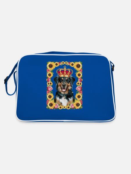 Cartoon Münsterland dog with crown, roses - Retro Bag - blue/white - Back