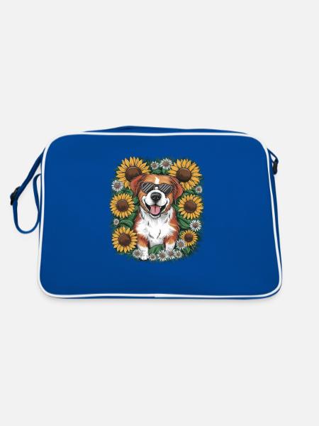 Lagotto Romagnolo mit Sonennblumen - Retro Tasche - Blau/Weiß - Hinten