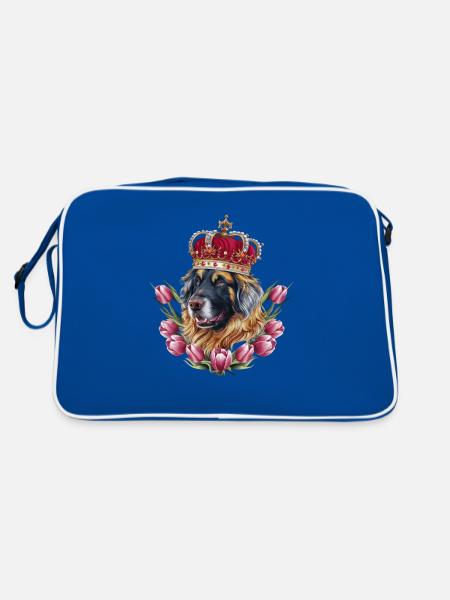 Leonberger Hund mit Krone und Tulpen - Retro Tasche - Blau/Weiß - Hinten