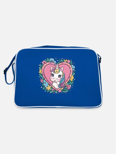 Kawaii Unicorn with Flowers and Hearts - Retro Bag - blue/white - Back