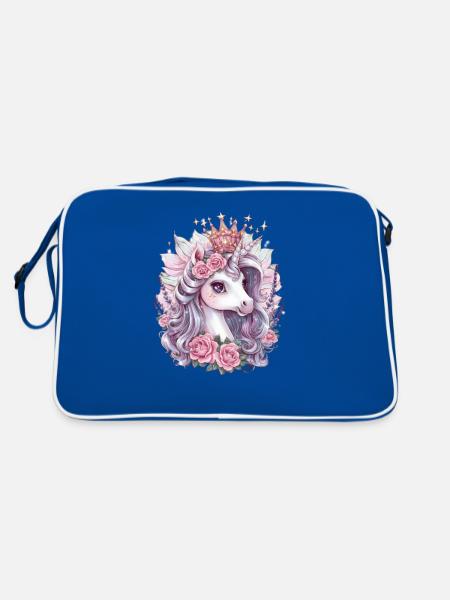 Süßes Einhorn mit Lavendel und Rosen - Retro Tasche - Blau/Weiß - Hinten