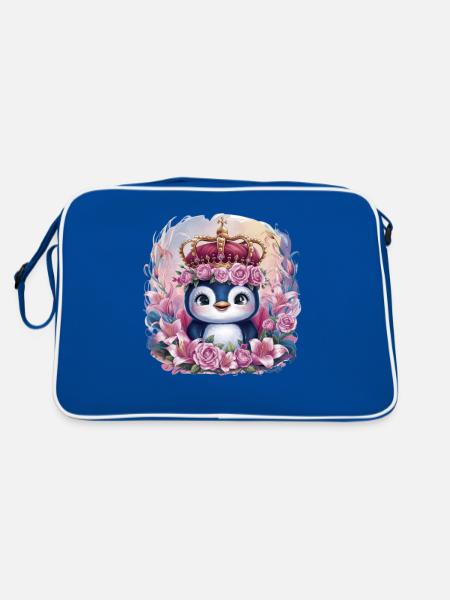 Kawaii penguin with crown, roses and lilies - Retro Bag - blue/white - Back