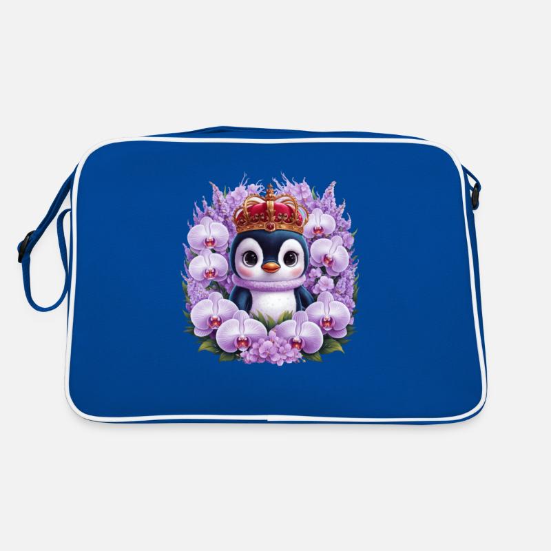 Kawaii Pinguin mit Orchideen, Krone und Flieder Retro Tasche