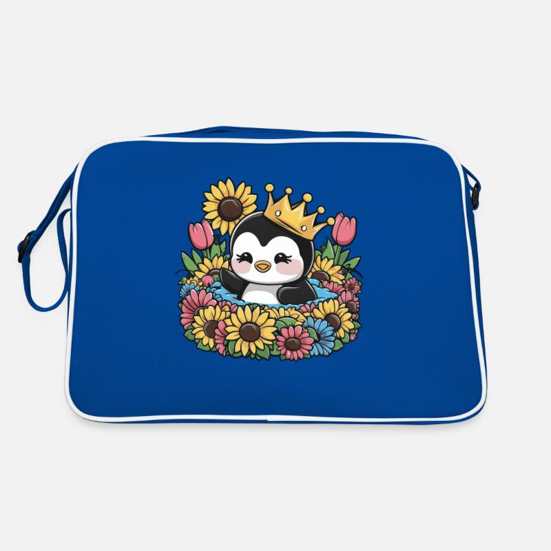 Kawaii Penguin with Crown, Tulips and Sunflowers Retro Bag