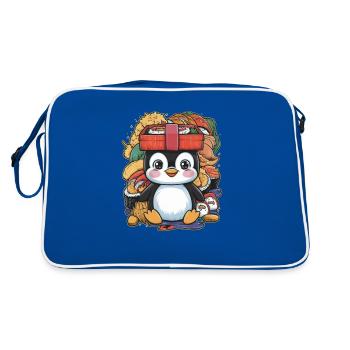 Pinguin mit farbenfroher Lunch Box - Retro Tasche - Blau/Weiß - Hinten