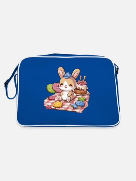 Dessin animé lapin kawaii avec des biscuits et un gâteau - Sac Retro - bleu/blanc - Dos