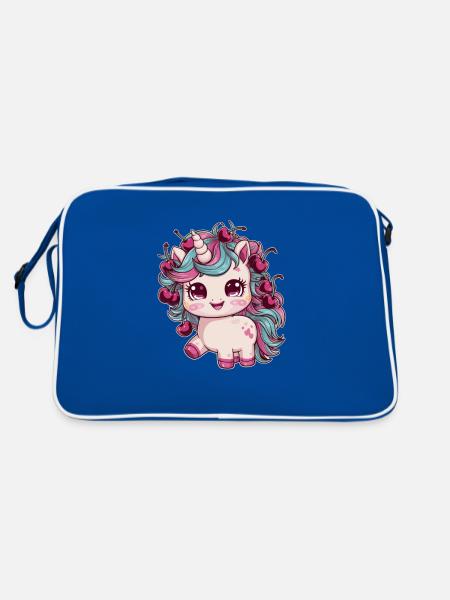 Cooles Kawaii Einhorn mit Kirschen - Retro Tasche - Blau/Weiß - Hinten