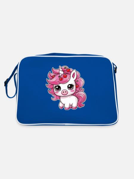 Cooles Kawaii Einhorn mit Kirschen - Retro Tasche - Blau/Weiß - Hinten