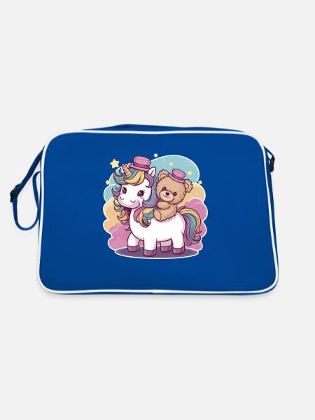 Kawaii Einhorn mit süßen Teddybär - Retro Tasche - Blau/Weiß - Hinten