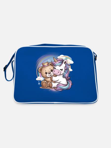 Kawaii Einhorn mit süßen Teddybär - Retro Tasche - Blau/Weiß - Hinten