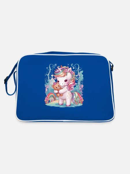Kawaii Einhorn mit süßen Teddybär - Retro Tasche - Blau/Weiß - Hinten