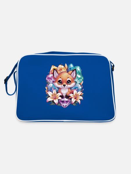 Cartoon Kawaii Fuchs mit farbenfrohen Blumen - Retro Tasche - Blau/Weiß - Hinten