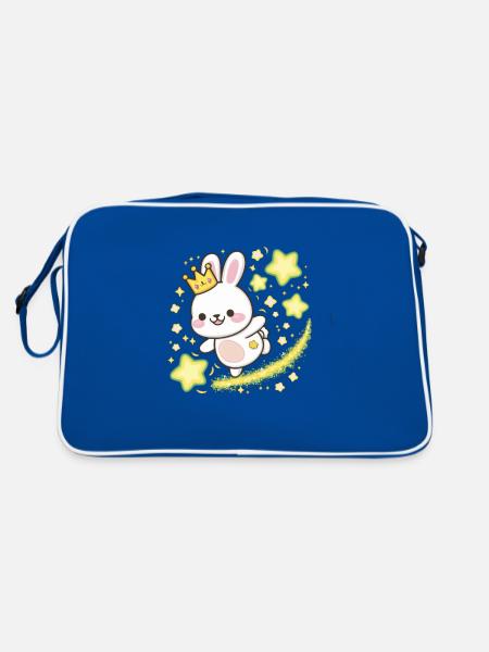Süßer Kawaii Hase mit Krone und Sternen - Retro Tasche - Blau/Weiß - Hinten