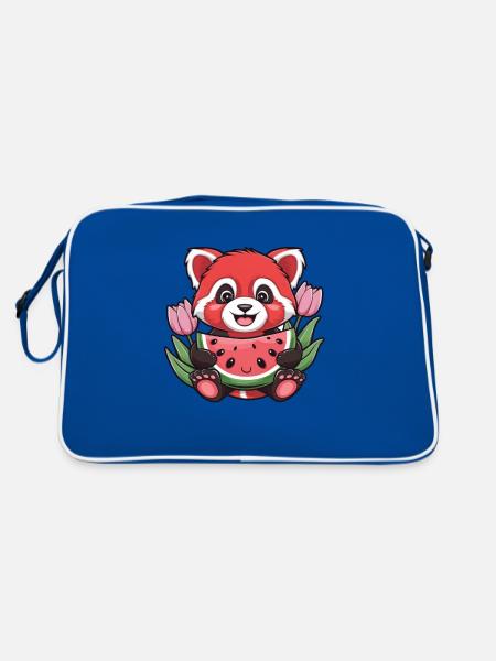 Roter Kawaii Panda mit Melonen und Tulpen - Retro Tasche - Blau/Weiß - Hinten