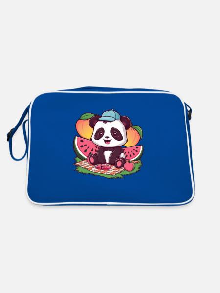 Kawaii Panda mit Pfirsichen und Wassermelonen - Retro Tasche - Blau/Weiß - Hinten